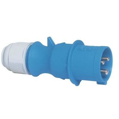 Plugue elétrico industrial azul e branco com três pinos