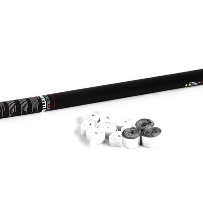 Tubo preto com tampa vermelha e rolos brancos e pretos