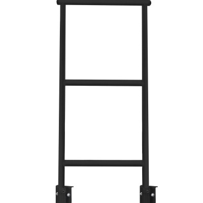 Estrutura metálica preta com suportes fixadores sobre fundo branco