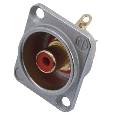 Conector de áudio RCA metálico prateado com interior vermelho e contacto dourado