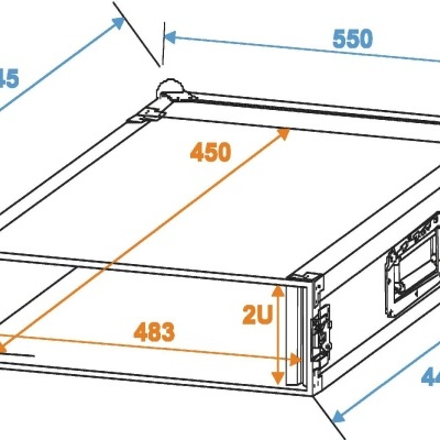 Esquema técnico de caixa para equipamentos com dimensões indicadas