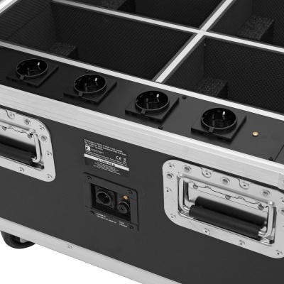 Caixa de transporte preta com estrutura metálica e tomadas elétricas