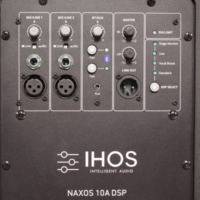 Painel traseiro de coluna de som preta IHOS Intelligent Audio com botões e conectores