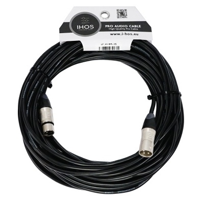 Cabo de áudio preto com terminais metálicos e etiqueta da marca IHOS