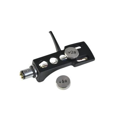 Cabeça de leitura para gira-discos metálica preta com botões e pesos