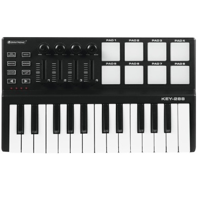 Controlador MIDI preto com 25 teclas e oito pads brancos