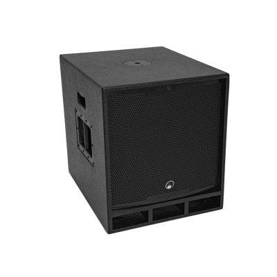 Subwoofer preto com grelha metálica frontal e material texturizado