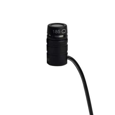 Microfone preto pequeno com texto 185 e símbolo circular no topo