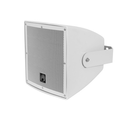 Coluna sonora cinza claro com grelha metálica e suporte para montagem em parede.