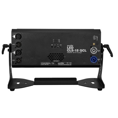 Vista traseira de equipamento eletrónico preto Limited GLS-18 QCL com várias conexões e suportes de metal.