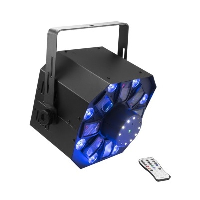 Projetor de luz LED preto com LEDs azuis e controlo remoto