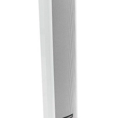 Coluna de som vertical branca com grelha metálica