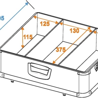 Desenho técnico de caixa organizadora com medidas em milímetros.