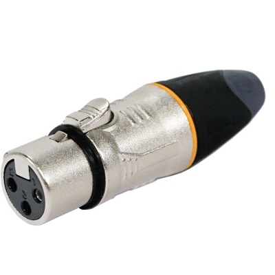 Conetor XLR feminino metal prateado com acabamentos preto e laranja.