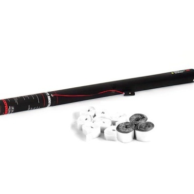 Tubo preto cilíndrico e pastilhas brancas e cinzentas num fundo branco