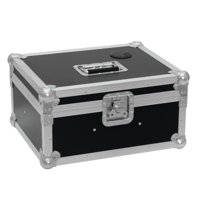 Estojo preto retangular com cantos metálicos e fecho frontal