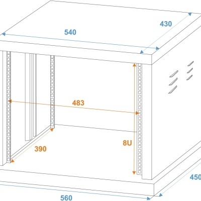 Desenho técnico de estrutura metálica com dimensões em milímetros e altura 8U