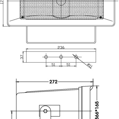 Desenho técnico de projetor retangular com dimensões em milímetros