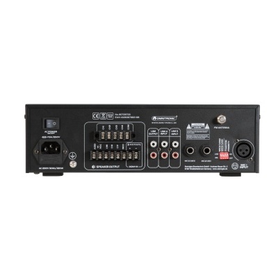 Parte traseira de amplificador preto com várias conexões e texto SYMPHONIC SWEETY