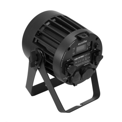 Projetor LED preto com suporte ajustável e conexões na parte traseira