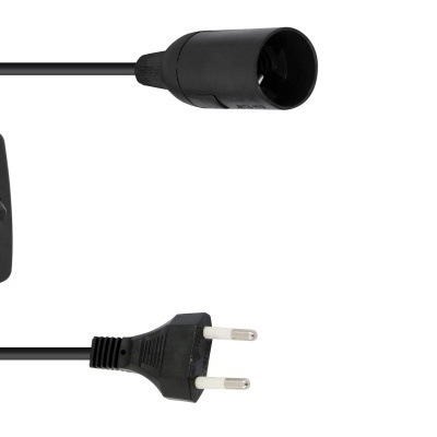 Cabo elétrico preto com ficha macho e soquete para lâmpada