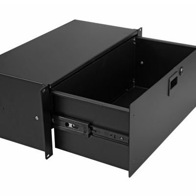 Gaveta metálica preta aberta com puxador recuado e corrediças laterais