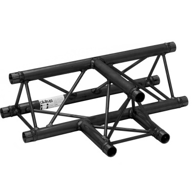 Estrutura modular preta em metal com tubos cilíndricos e reforços triangulares, rótulo com texto GLTRUSS.