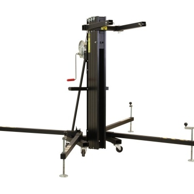 Plataforma elevatória preta com pés ajustáveis e manivela vermelha, fundo branco