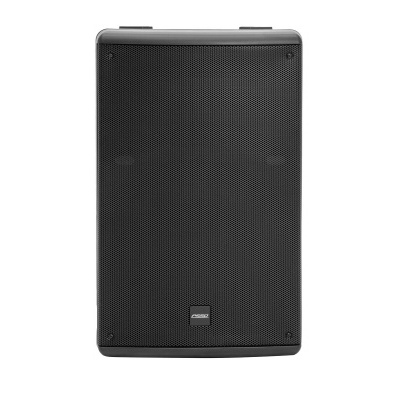 Altifalante portátil preto com grade perfurada e placa STAGE