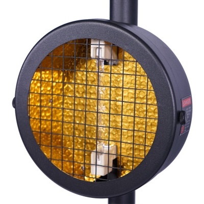 Lanterna circular preta com interior dourado texturizado e grelha frontal