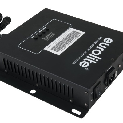 Módulo eletrónico preto com botões, visor digital e etiqueta com código de barras