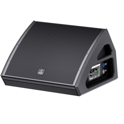 Coluna de som preta tipo monitor de palco com alça lateral e painel traseiro com conectores