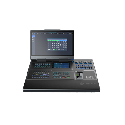 Mesa de controlo PixelHue U6 com ecrã e botões azuis