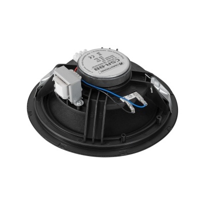 Coluna de som redonda preta para instalação embutida com etiqueta cinzenta no centro