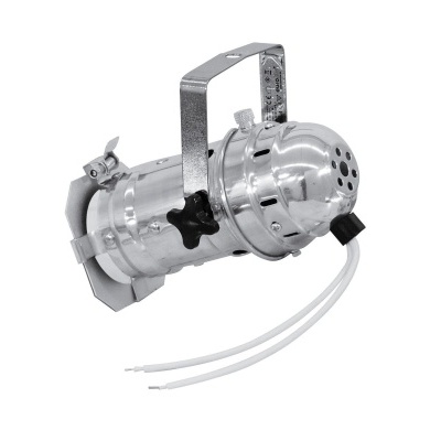 Luz cênica metálica prateada com suporte e fios brancos