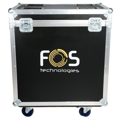 Caixa de transporte preta com logótipo FOS technologies e estrutura metálica