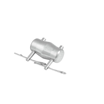 Peça metálica prateada com fixações e fecho de mola