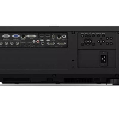 Projetor preto com várias portas e botão lateral numa superfície branca