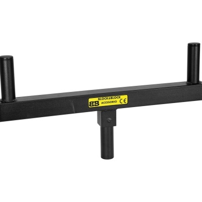 Suporte de metal preto com duas hastes verticais e etiqueta amarela