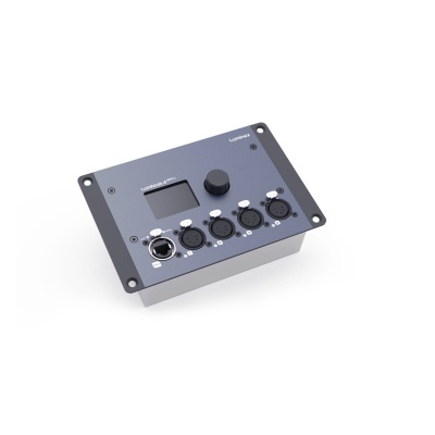 Painel eletrónico metálico cinzento com botões e conectores