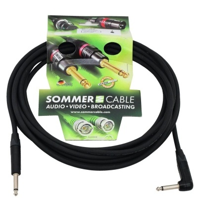 Cabo de áudio SOMMER CABLE com conetores jack 6,35 mm, conetor reto e em ângulo, embalagem verde.