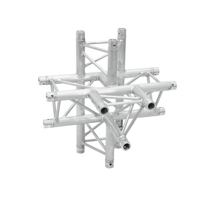 Estrutura modular metálica prateada com tubos interligados em padrão geométrico