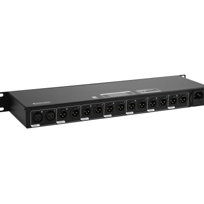 Interface de áudio profissional metálica preta com doze entradas XLR numeradas