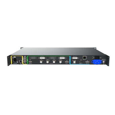 Equipamento eletrónico profissional preto com quatro conectores BNC e porta Ethernet