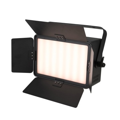 Luz de estúdio retangular preta com abas de controlo e painel iluminado