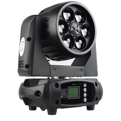 Luz profissional de palco preta com seis lentes circulares e base com ecrã digital