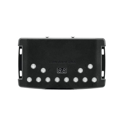 Dispositivo eletrónico preto com botões prateados e visor digital