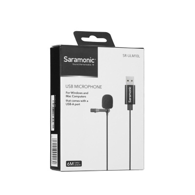 Embalagem do microfone USB Saramonic SR-ULM10L com cabo preto e conector USB-A