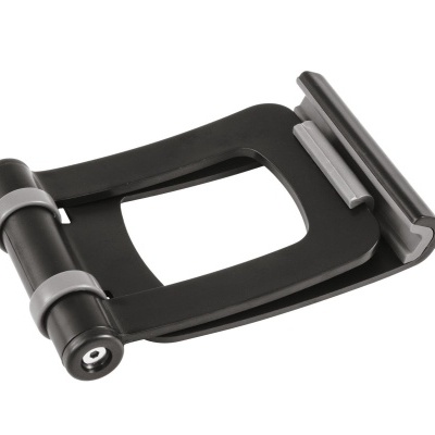Suporte preto para telefone com dobradiça e almofadas cinza sobre fundo branco