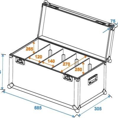 Desenho técnico isométrico de um baú aberto com dimensões e divisórias internas